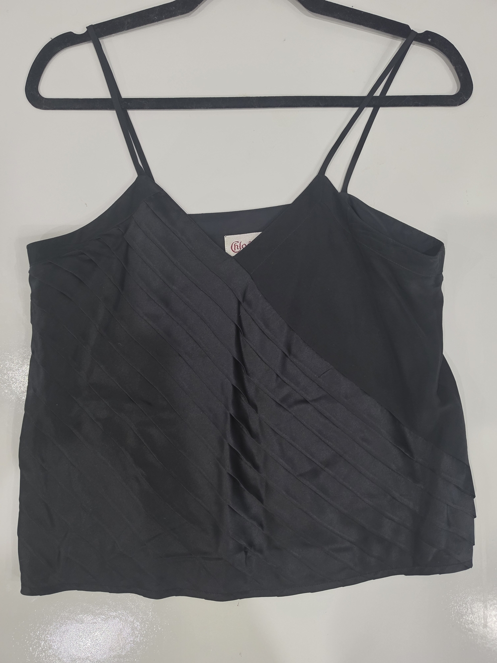 Chloé & Chyna 100% Silk Black Pleated Overlay Spaghetti Strap Shell Top Size 8